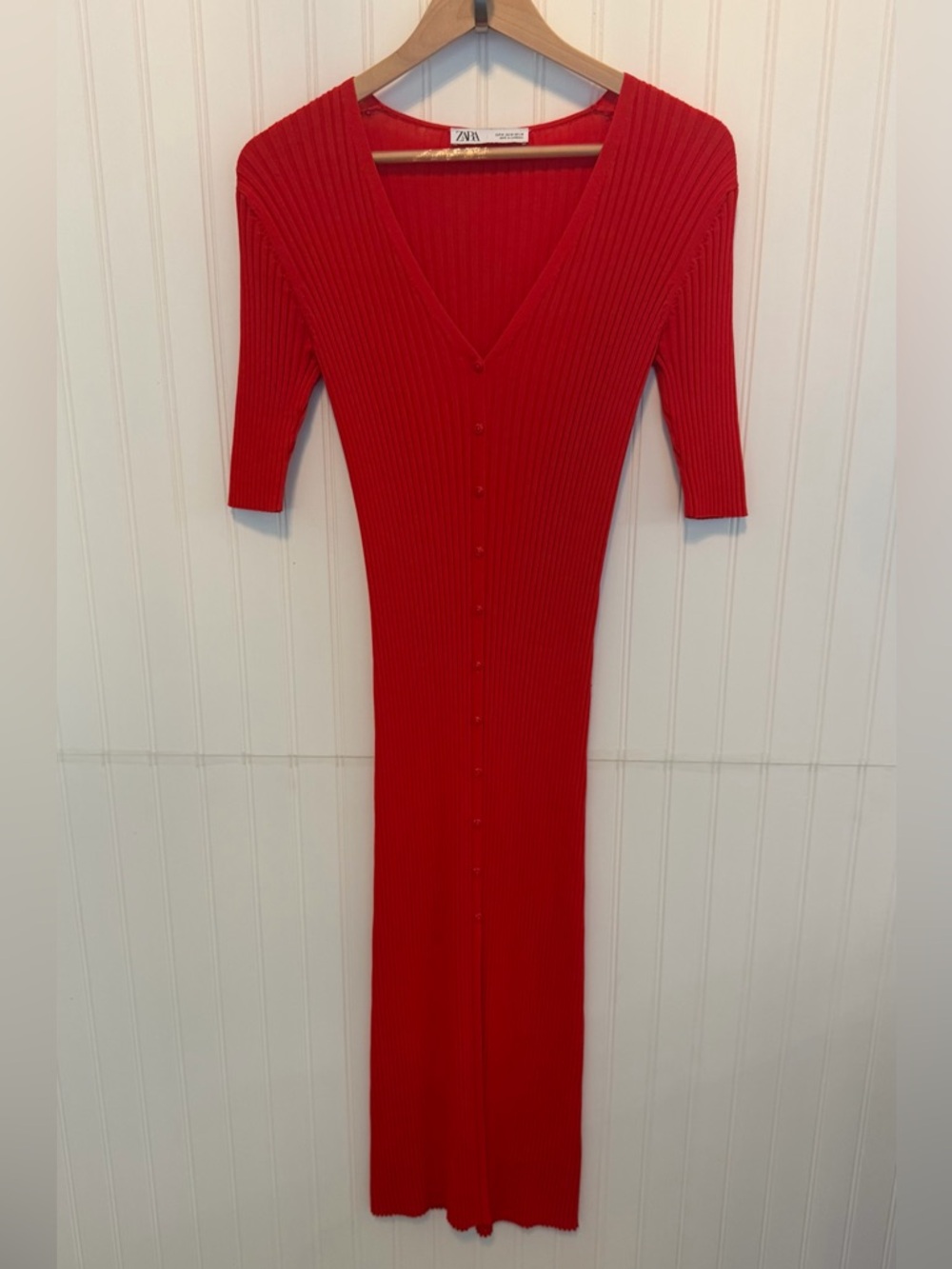 Zara Vibrant Red 3/4 Sleeve Button Down Dress Size Medium